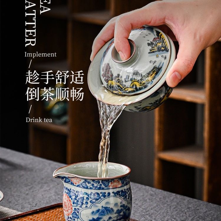 Bát có nắp màu xanh và trắng một chiếc bát tam tài Jingde cổ điển, bát trà lớn gốm sứ hình phong cảnh, dụng cụ pha trà gia dụng dung tích lớn