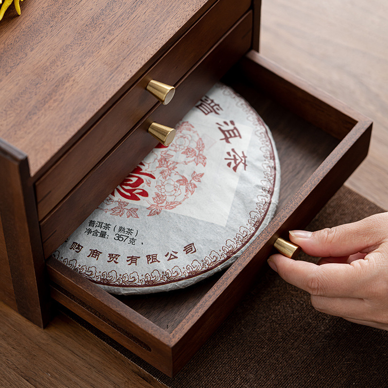Hộp Bánh trà gỗ nguyên khối nhiều lớp Óc Chó Hộp Đựng Bánh trà trắng cao cấp gia dụng kiểu ngăn kéo hộp đựng trà hộp trà Pu'er