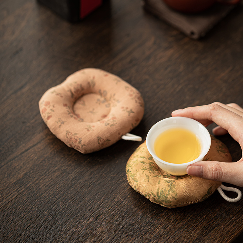 Lót cốc hình tròn vải nghệ thuật, phụ kiện trà đạo phong cách dân tộc, lót ly trà, lót ly trà chống bỏng, lót ly trà dày