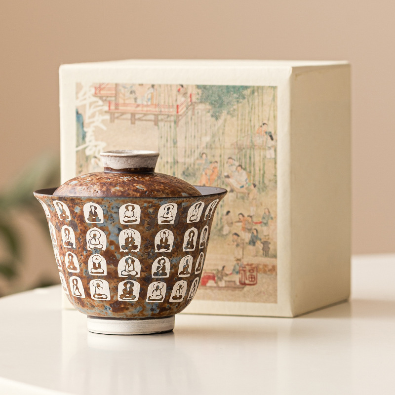 Bát trà có nắp dòng Vạn Phật mạ bạc cốc trà dụng cụ pha trà Kung Fu kiểu Trung Quốc gia dụng Bát trà đơn cao cấp có nắp