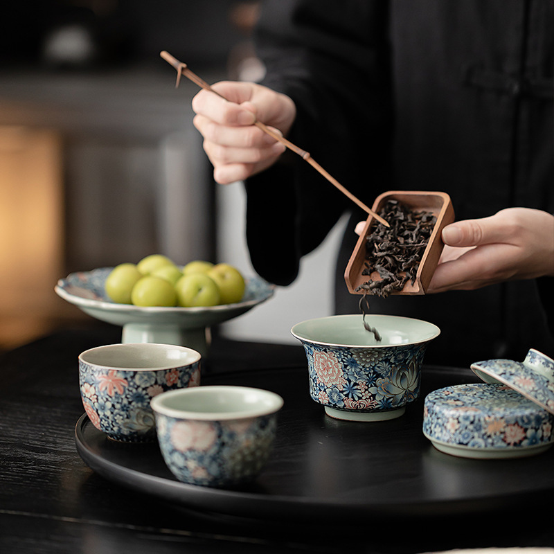 Ru Kiln Sứ trắng xanh giống như vàng Bộ ấm trà có nắp ba tài Bộ trà Kung Fu bằng gốm để sử dụng tại nhà với nắp cốc và tách trà.