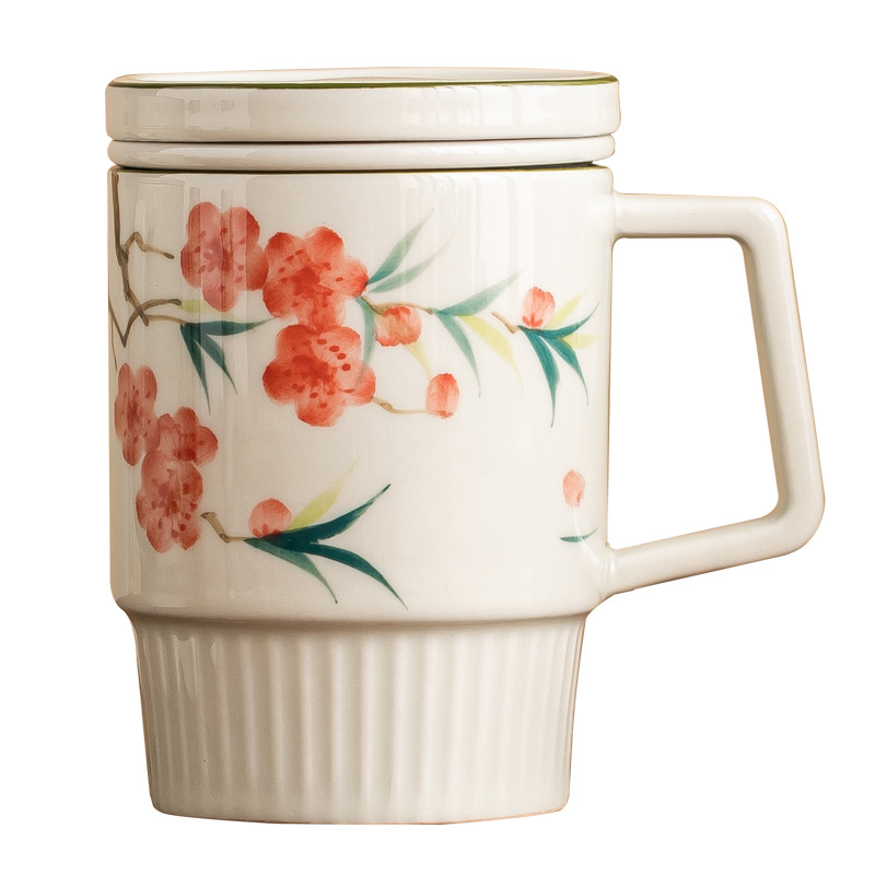 Cốc trà hoa đào vẽ tay cốc văn phòng cốc gốm cốc tách trà cốc pha trà cốc uống nước gia dụng có nắp