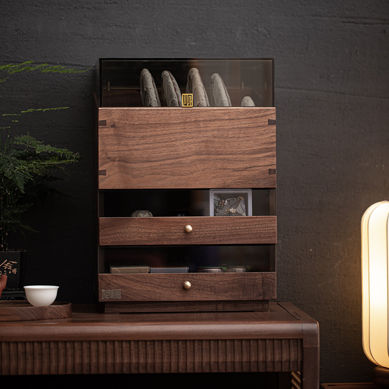 Tủ lưu trữ bộ ấm trà gỗ nguyên khối óc chó kiểu Trung Quốc ngăn kéo đôi bánh trà gỗ nguyên khối hộp trang sức bàn trà tủ bàn trà giá để bàn trà