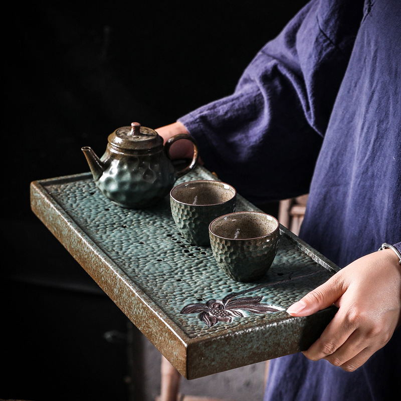 Khay Trà Hương cổ mạ vàng kiểu Nhật, khay trà gốm thô gia dụng cổ điển, khay đựng nước và thoát nước, khay pha khô nhỏ đơn giản