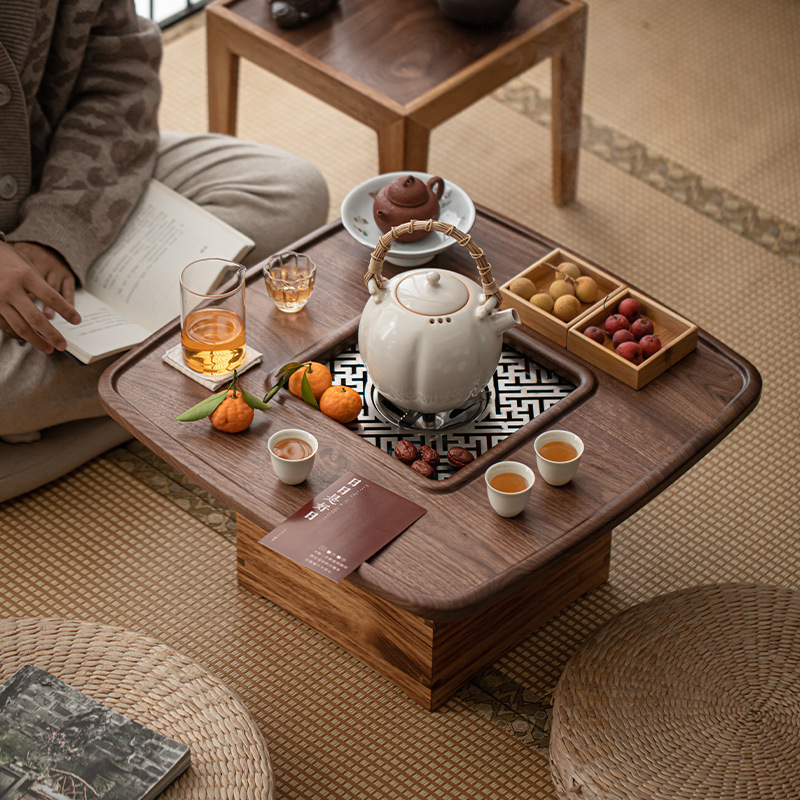 Gỗ óc chó, bàn trà, Chậu sắt đốt than, bàn trà, không gian trà, Bếp Nướng Mùa Đông, Khay trà, bếp nấu trà tích hợp