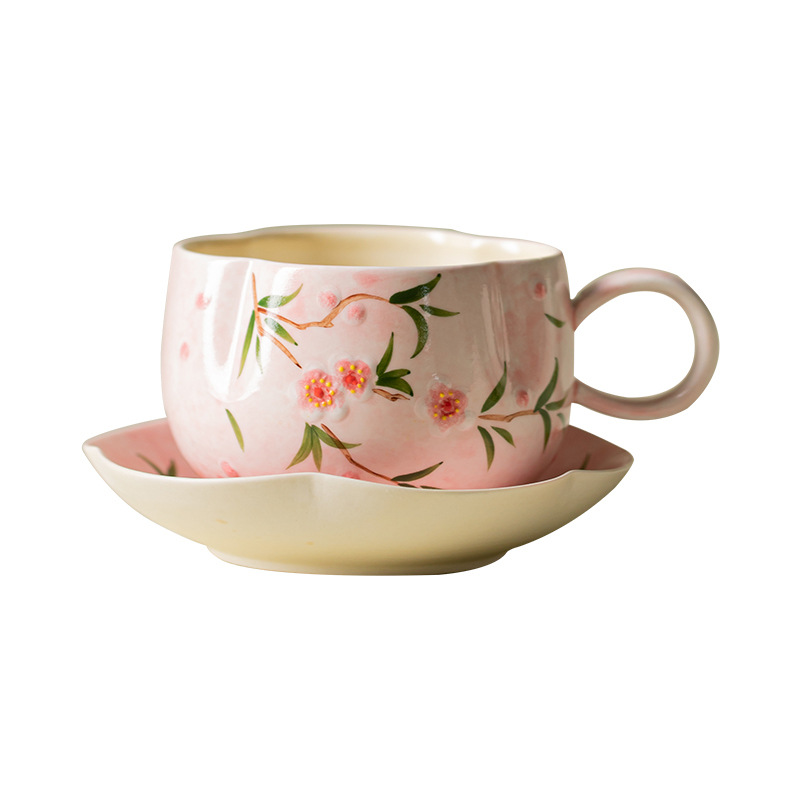Bộ cốc và đĩa cà phê hoa đào vẽ tay cốc gốm sứ gia dụng cốc uống trà chiều đặc biệt dành cho cô gái văn phòng