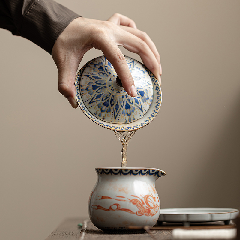 Dunhuang Feitian Mũ Nắp Bát Giả Song Ru Lò Sancai Nắp Bát Gia đình Gốm sứ Kung Fu Bộ trà Bát trà Hộp quà