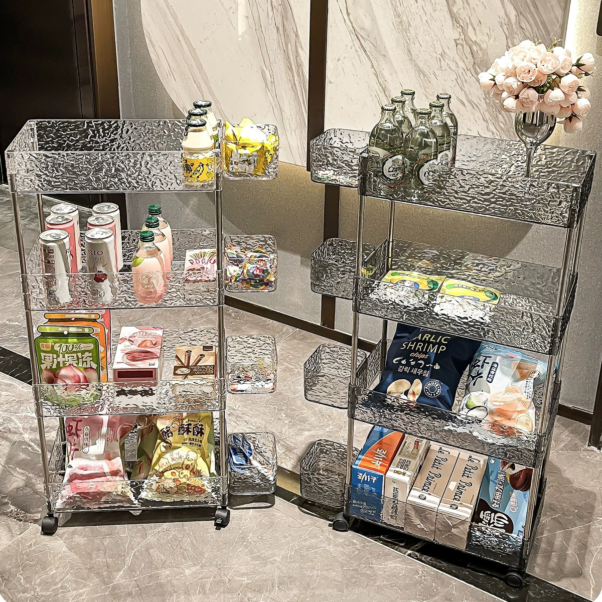 Giá để đồ ăn vặt, giá để đồ đa chức năng cho đầu giường di động nhiều tầng acrylic cho phòng khách và nhà bếp