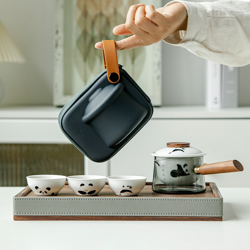 Bộ ấm trà du lịch bằng thủy tinh, cốc khách nhanh bằng gốm sứ gấu trúc vẽ tay, một ấm ba cốc, cốc pha trà tiện lợi ngoài trời