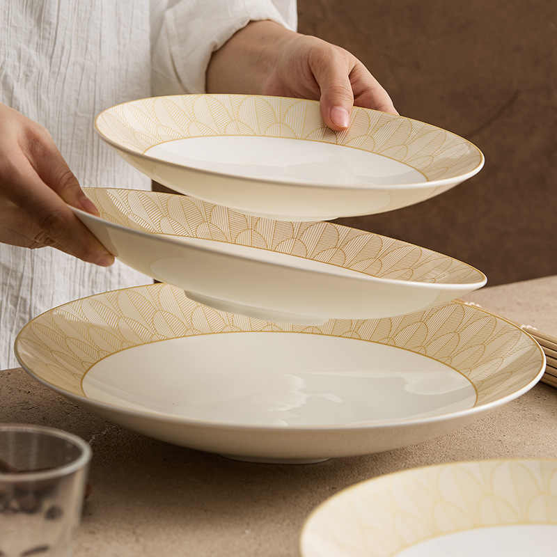 Đĩa ăn cơm vàng vàng lộng lẫy Đĩa gốm sứ Đĩa ăn gia dụng Đĩa ăn tây sang trọng cao cấp Đĩa tròn đĩa salad trái cây