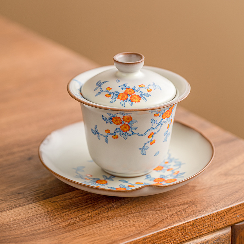 Hoa mai xanh cành Ru Sứ Nắp bát trà Cốc pha trà gia dụng Bát Trà Tam tài có nắp bộ trà Kungfu cao cấp đơn