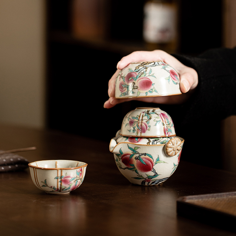 Bộ trà du lịch Song Ru Kiln Shou Tao Một ấm ba cốc cầm tay cốc nhanh Bộ trà di động ngoài trời