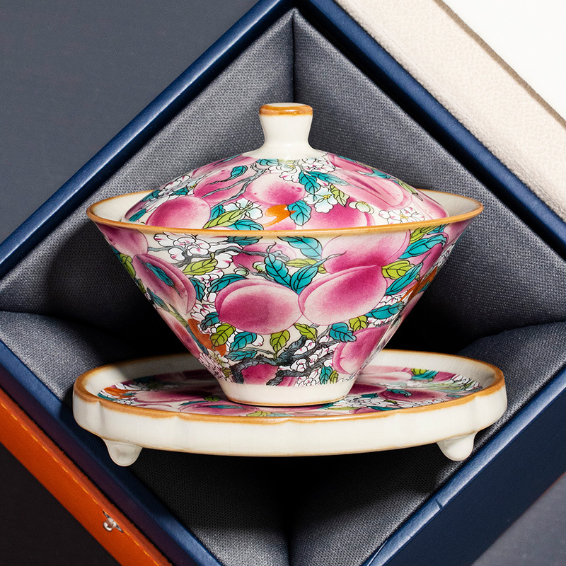 Gốm sứ cao cấp Ru Kiln Wan Tao Mũ có nắp Chén trà Bát trà gia dụng Bộ trà Kung Fu đơn không nóng Bán buôn