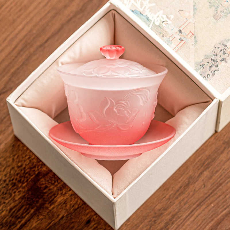 Bát tam tài hoa sen Gradient Bát trà gia dụng cao cấp thủy tinh có nắp cho nữ Bộ trà Kung Fu giá trị cao bát pha trà