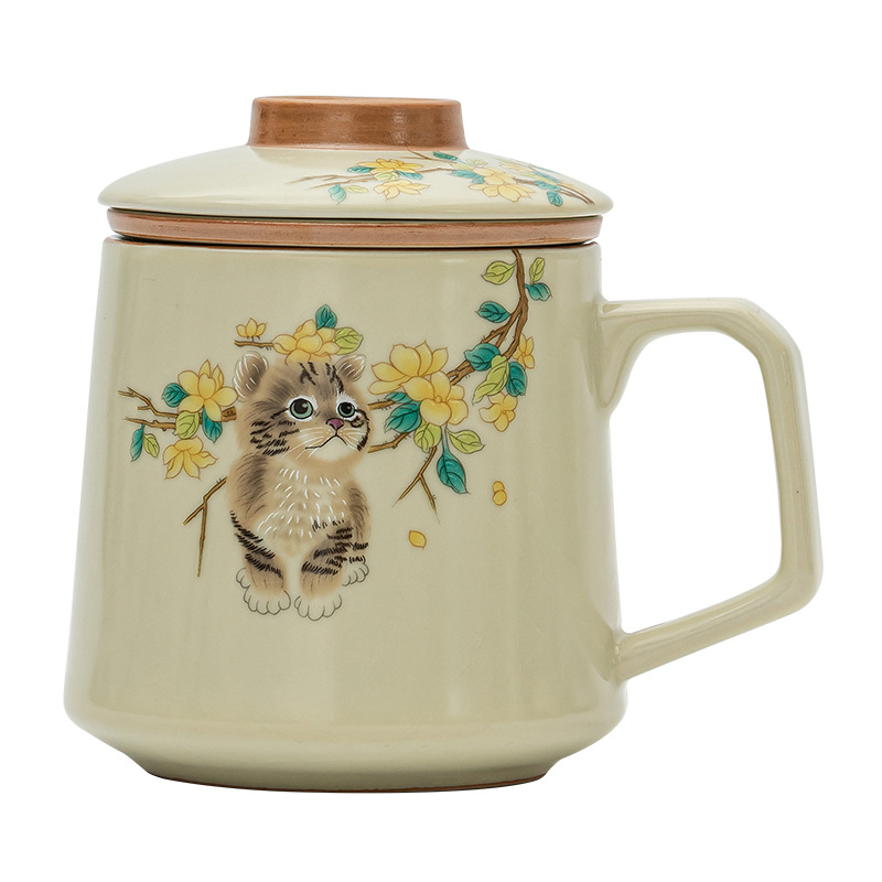 Cốc văn phòng cho mèo dễ thương ở Ruyao, bộ trà có thể nuôi bằng gốm sứ, cốc pha trà lọc, cốc nước, cốc cá nhân gia dụng, cốc có nắp