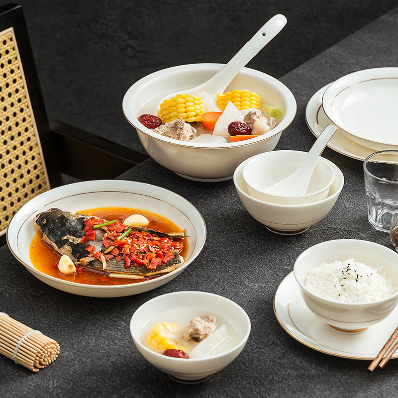 Bộ đồ ăn màu trắng ngọc bích tinh khiết sang trọng tân gia đồ gia dụng khách sạn đĩa đặc biệt bát cơm vàng mới