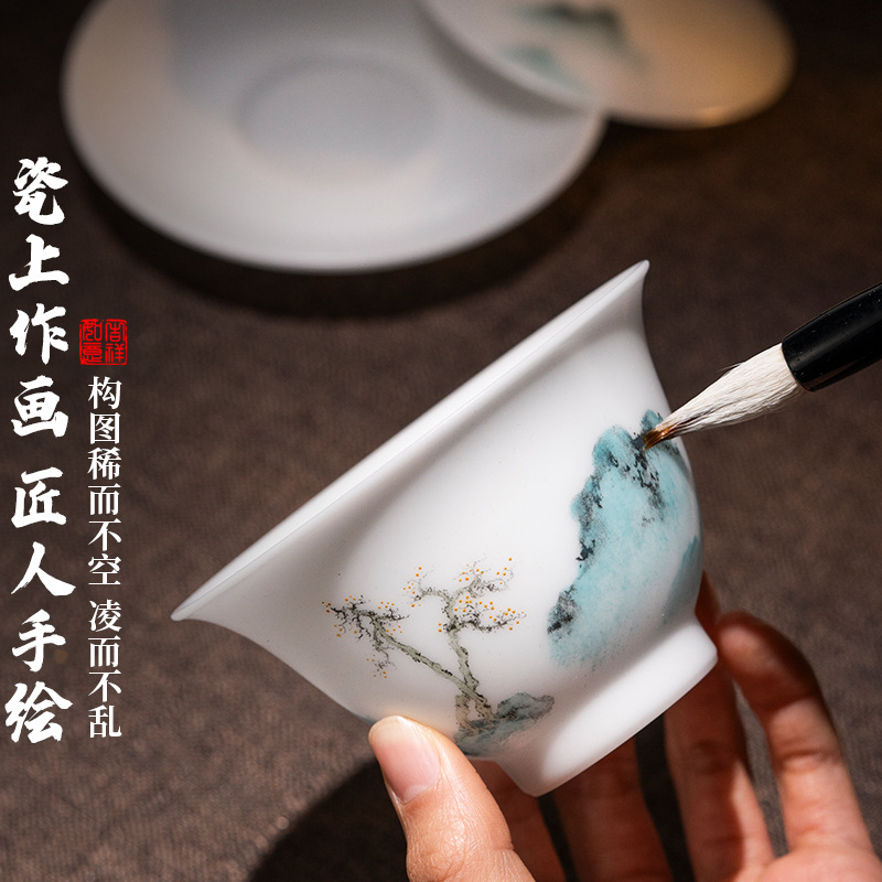 Bộ trà ngọc bích vẽ tay của bậc thầy di sản văn hóa phi vật thể dành cho gia đình, Bộ hoàn chỉnh với Gaiwan, Tách trà gốm pha trà cao cấp.