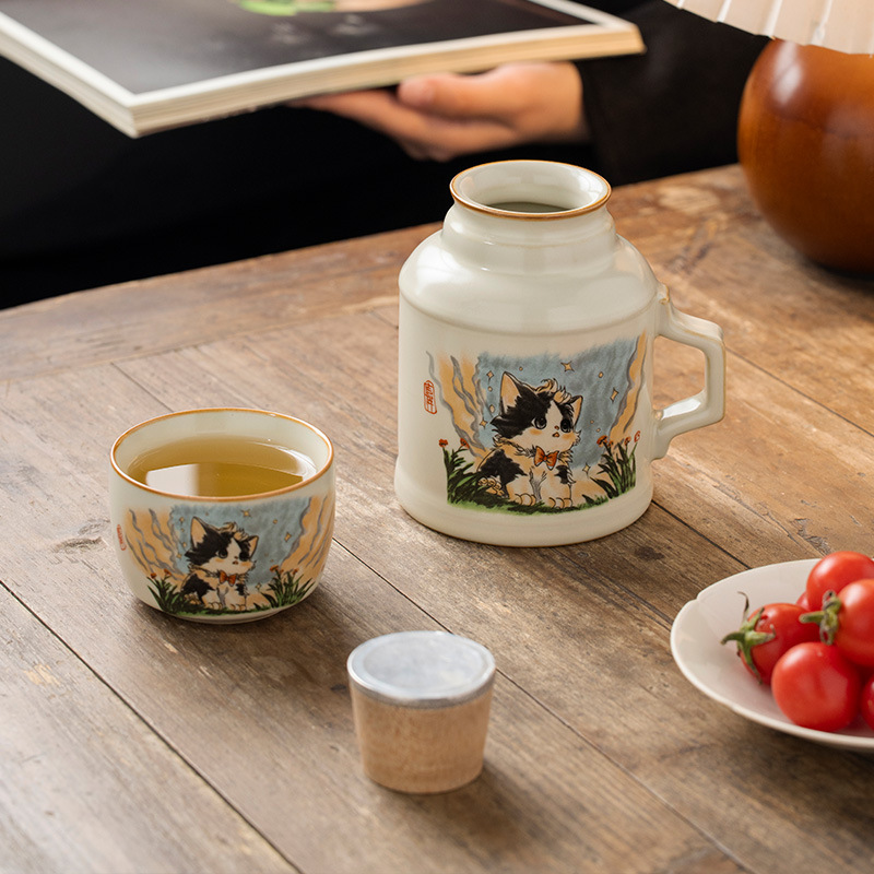 Cốc pha trà ấm mèo dễ thương Ru Kiln cốc pha trà hầm gốm sứ sáng tạo dung tích lớn cho văn phòng cốc uống nước