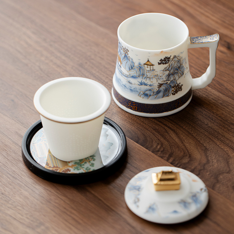Tách trà văn phòng sứ ngọc, cốc lọc nước, cốc tách nước trà, tách trà cao cấp, quà tặng lưu niệm cao cấp