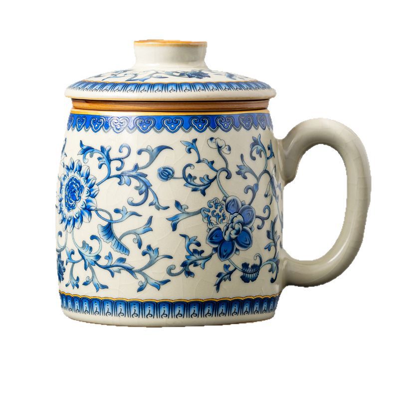 Cốc pha trà hoa sen xanh trắng Ru Kiln cốc nước tách trà gốm sứ có nắp cốc cốc văn phòng cá nhân