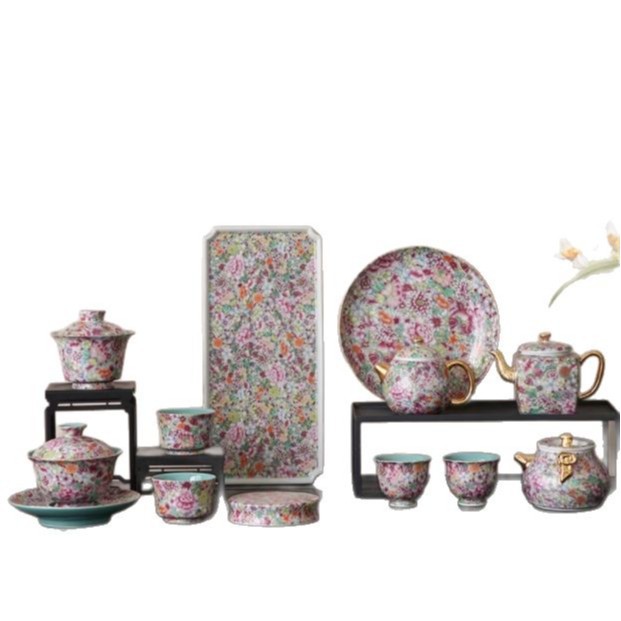 Hoa nở Cảnh Đức Trấn Men Ấm Trà Bộ Trà Gốm Cao Cấp Ánh Sáng Sang Trọng Ấm Trà Hộp Quà Tặng