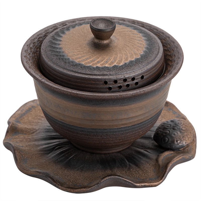 Bát ba chỉ mạ vàng cổ điển không nóng tay Bộ trà Kung Fu cầm tay Bát trà gốm thô Bộ trà mạ vàng Dụng cụ pha trà