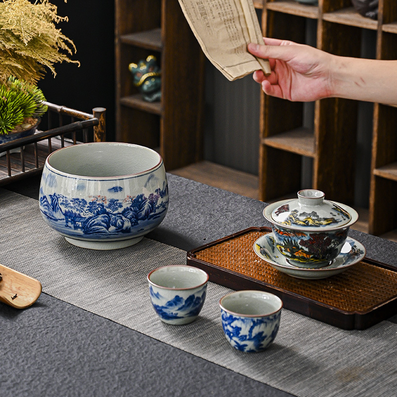 Bể rửa trà sứ xanh và trắng Jingdezhen lớn gốm sứ cổ điển Jianshui chén trà cao cấp thùng trà xỉ lớn