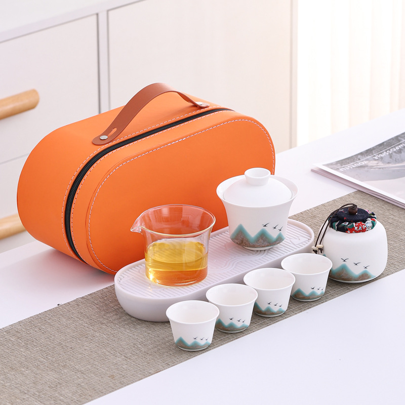 Bộ trà Qianli Jiangshan bàn trà trọn bộ một người uống di động du lịch ngoài trời nắp bát pha trà cá nhân mang theo
