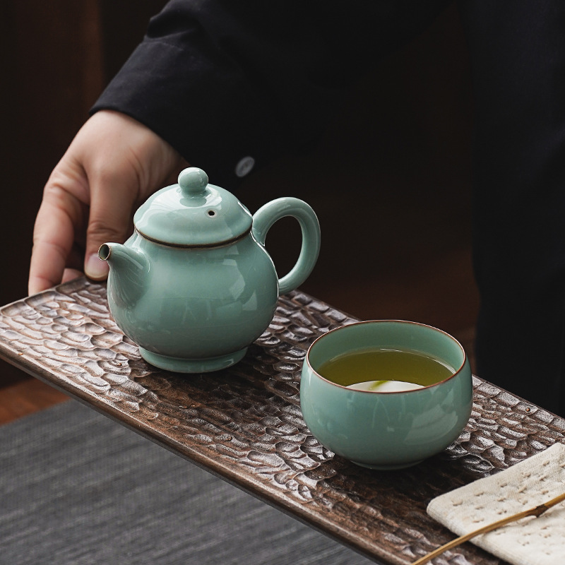 Bộ ấm trà Kung Fu bằng gốm sứ ở lò Houhu Ấm trà nhỏ Lò Ru Ấm trà đơn màu lục lam có thể giữ ấm pha trà đơn thủ công