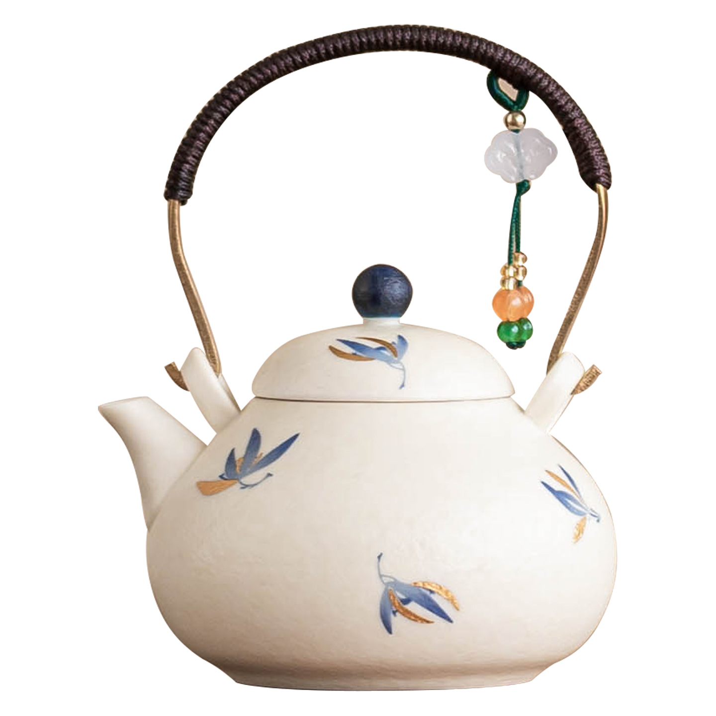 Ấm trà lan hồ điệp vàng vẽ màu trắng mỏ đá ấm trà gốm sứ cao cấp gia dụng ấm trà nhỏ trang nhã ấm đơn