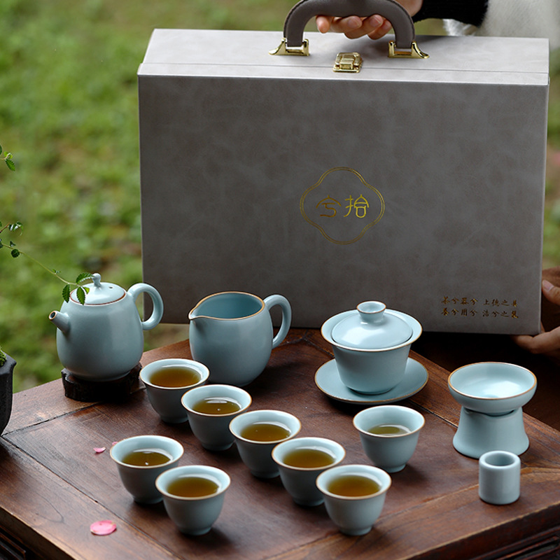 Bộ ấm trà lò Suyuan Tianqing Ru Ấm pha trà sứ Ru kiểu Trung Quốc gia dụng cao cấp sang trọng hộp quà tách trà Kung Fu