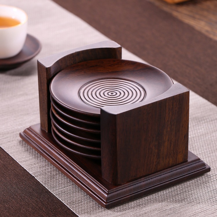 Tấm lót tách trà gỗ nguyên khối bằng gỗ Đàn hương đen, Tấm Lót tách trà, tấm cách nhiệt, tấm lót bát, Tấm Lót Bộ trà Kung Fu, Tấm Lót trà, hình tròn 6 miếng