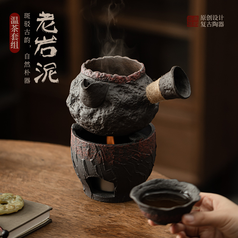 Bộ ấm trà ấm đá cổ điển bùn đá cổ lọ tay cầm bên ấm trà đun trà dung tích lớn nến đèn cồn đế ấm trà