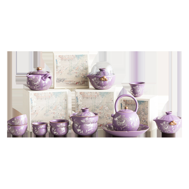 Bộ trà Kung Fu Ru Kiln sản phẩm duy nhất Ấm trà hoa mẫu đơn màu tím tử đinh hương