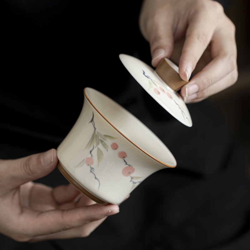 Bát ba tài vẽ tay tráng men màu hồng hồng Ruyi dụng cụ pha trà Kung Fu cao cấp Trung Quốc gia dụng bát trà gốm sứ