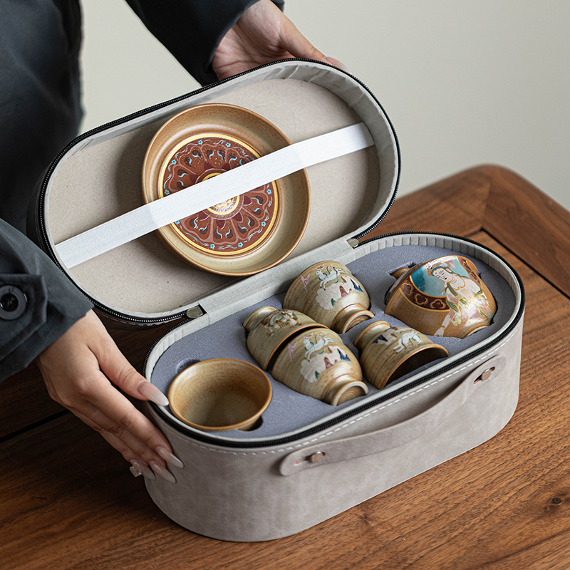 Bộ trà du lịch văn hóa và sáng tạo Đôn Hoàng, bát có nắp di động ngoài trời, cốc khách nhanh, bộ trà quà lưu niệm phong cách Trung Quốc