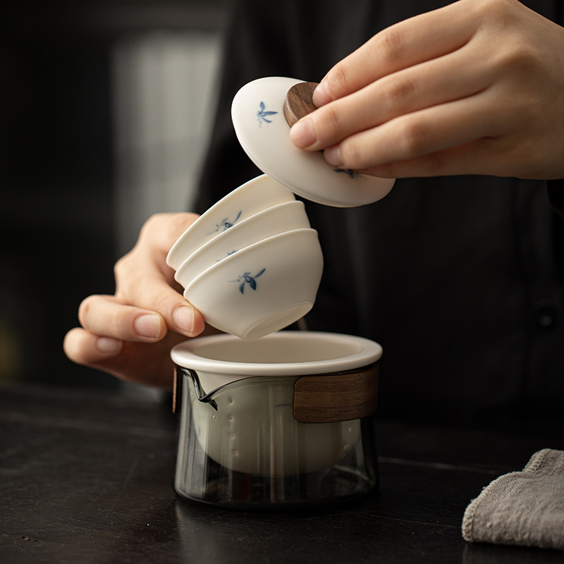 Bộ ấm trà du lịch gốm sứ hoa lan vẽ tay ấm trà thủy tinh di động ngoài trời ấm pha trà cốc nhanh làm quà lưu niệm