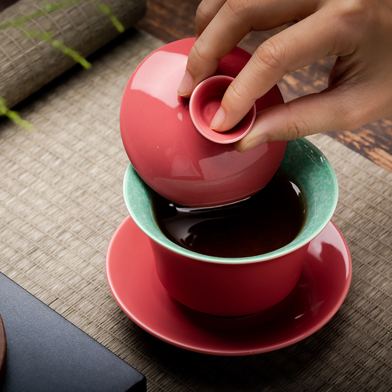 Retro Rouge Handmade Bao Phủ Bát Trà Lớn Sancai Bộ Trà Cảnh Đức Trấn Cưới Gốm Kung Fu Bộ Trà