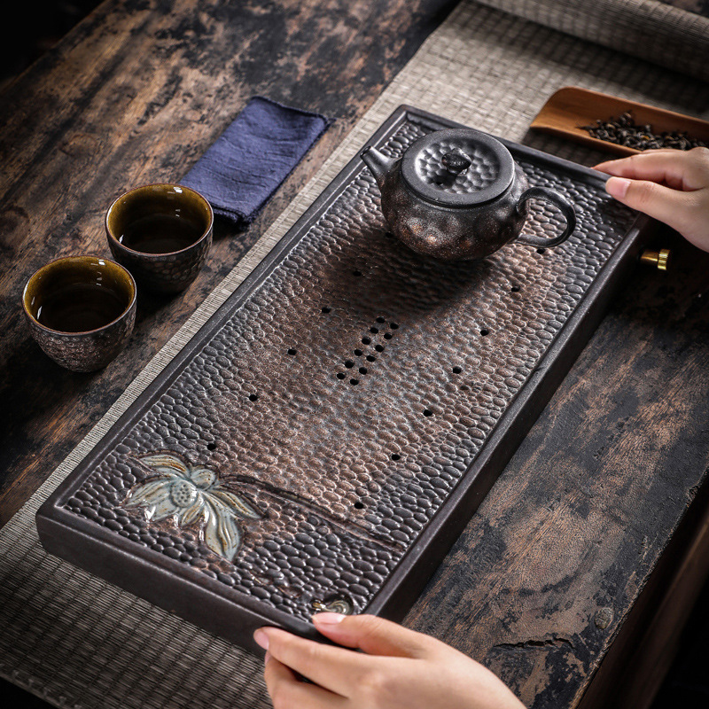 Khay Trà Hương cổ mạ vàng kiểu Nhật, khay trà gốm thô gia dụng cổ điển, khay đựng nước và thoát nước, khay pha khô nhỏ đơn giản