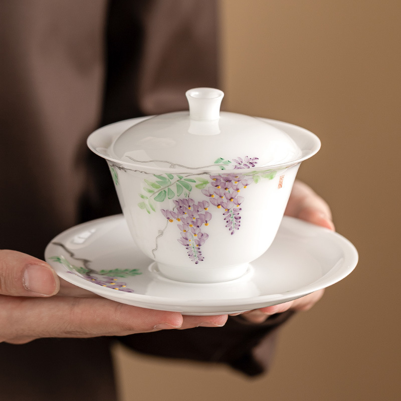 Nhà máy Master Zhang Lijiao, mỡ cừu nướng chay, sứ ngọc bích, bát có nắp ba tài năng, bộ trà Kung Fu cao cấp, hộp quà, bát pha trà