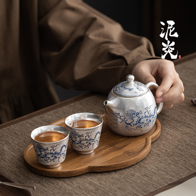 Bộ một ấm hai cốc có họa tiết rồng xanh trắng mạ bạc Bộ ấm pha trà Kung Fu Trung Quốc Bộ ấm trà Bộ ấm trà Bộ hộp quà cao cấp