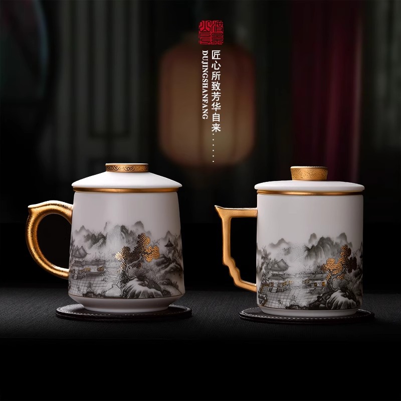 Dujingshanfang văn phòng cốc nước cốc trà sứ trắng ngọc bích mỡ cừu quà tặng nam quà tặng khách hàng hàng đầu