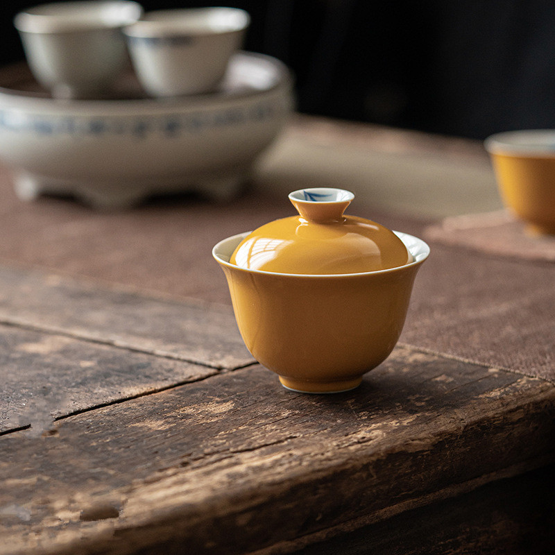 Bát gốm tráng men quặng thô màu vàng kiểu Trung Quốc, bát trà ẩn bằng tre xanh trắng, Bát pha trà vẽ tay Văn Nhân