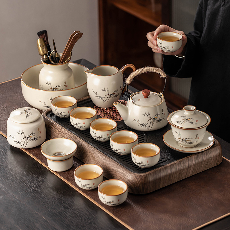 Bộ ấm trà Ru Kiln ấm trà gốm sứ gia dụng mẫu mới 2025 uống trà cốc trà Kung Fu khay trà nhẹ sang trọng cao cấp
