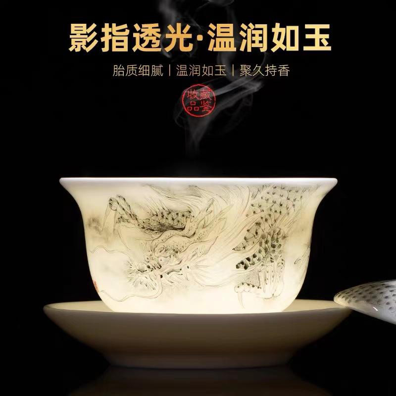 Bộ trà sứ ngọc bích Xu Fukun có nắp, Bộ trà gốm sứ Kung Fu mỏng màu trắng ngọc bích cao cấp có cốc trà bong bóng.