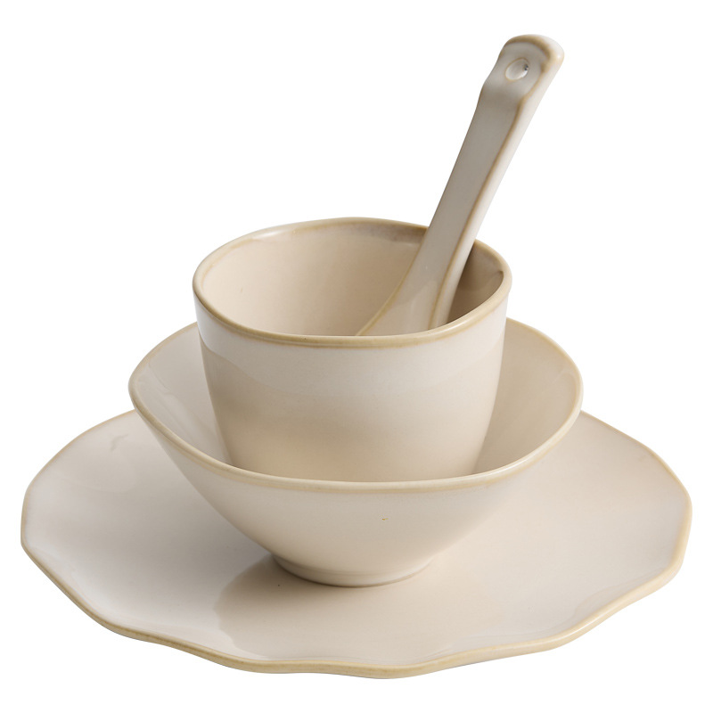 Bộ bàn ăn bốn món lẩu màu be, Bộ bát đĩa nhà hàng khách sạn, Bộ bát đĩa gốm sứ, chén, thìa, đũa, bộ đồ ăn