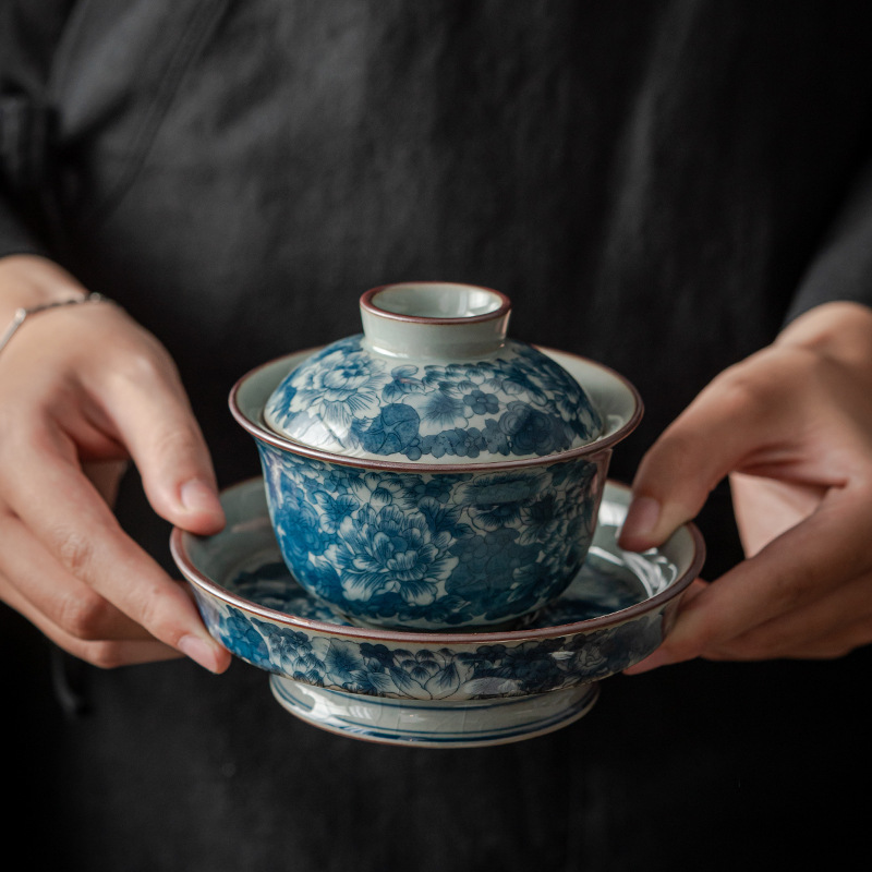 Ấm chén gốm sứ trắng xanh cổ kính ấm chén Bát cầm tay cỡ lớn cổ điển cao cấp Bát trà Kung Fu cỡ lớn bán buôn