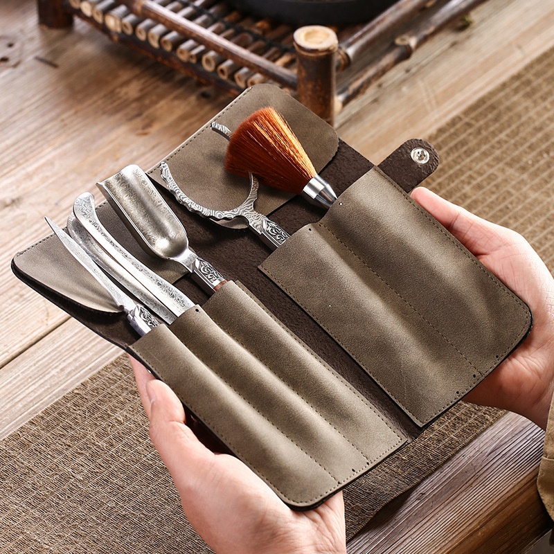 Bộ sáu quý ông trà đạo bằng gỗ mun chống trượt kẹp trà inox cầm bút dao thìa phụ kiện trà đạo dụng cụ pha trà