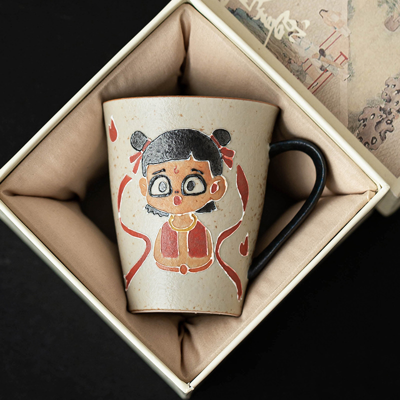 Cốc Nezha đỏ đá lửa xanh trắng cốc trà cỡ lớn cốc cà phê gốm sứ tinh xảo cao cấp cốc uống nước gia dụng