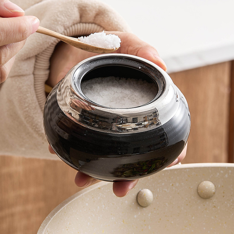 Lọ gia vị tráng men vàng đen, đồ dùng nhà bếp khách sạn, hộp gia vị gốm sứ, lọ đựng đường bột ngọt gia dụng